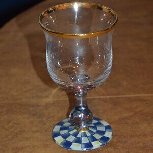 RARE RETIRED DESIGNER MACKENZIE CHILDS BLUE ROYAL CHECK GOLD WATER GLASS GOBLET